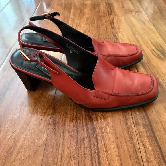 Vtg Etienne Aigner Leather Square Toe Red Loafer Sling Back Heels Sz 6.5 - Picture 1 of 15